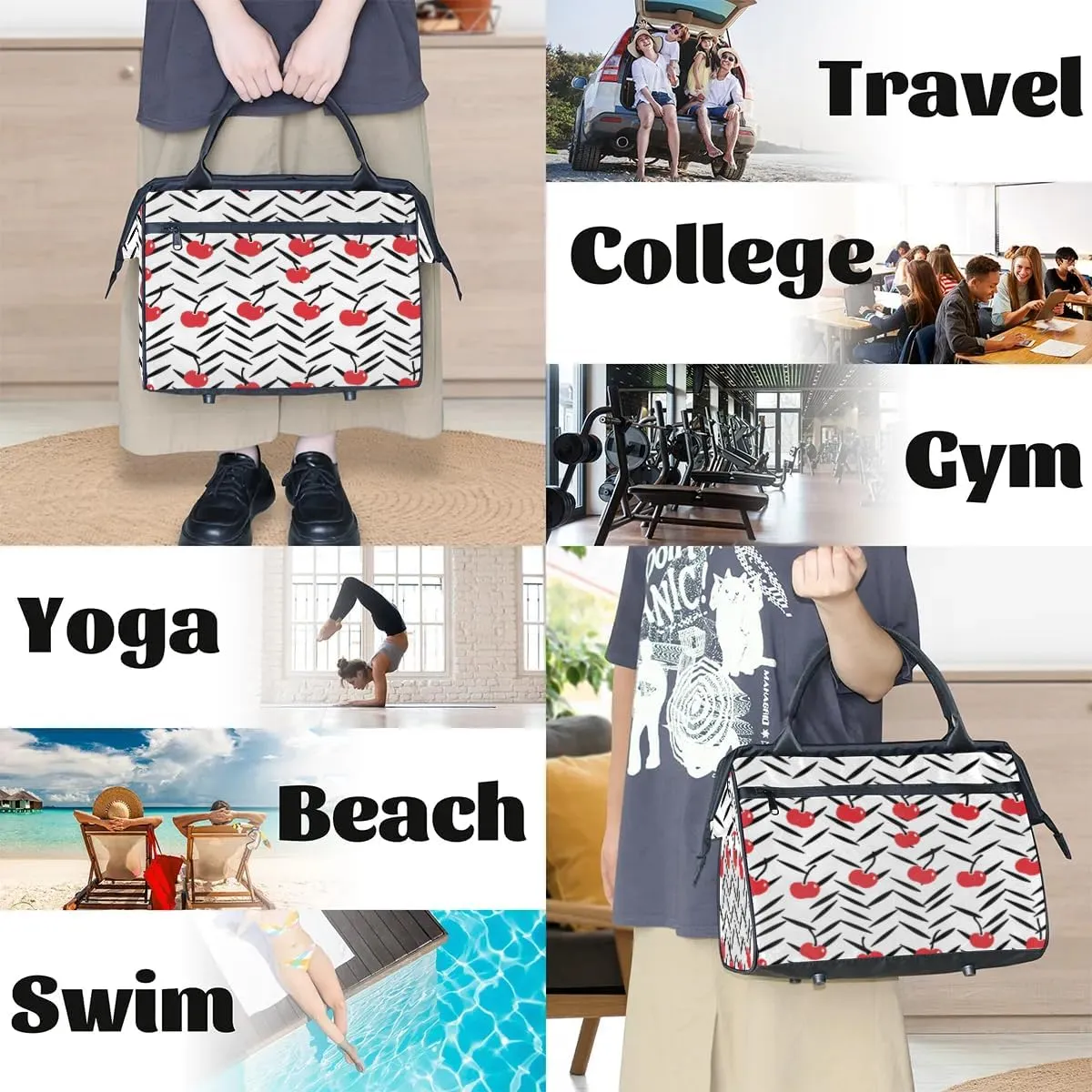 Travel Duffel Bag for Women, Cherry Prints Weekender Overnight Bag Carry on Beach Swim Bags Dance Bag Airlines Approved Personal Item Travel Bag for Yoga, Sports, Hospital