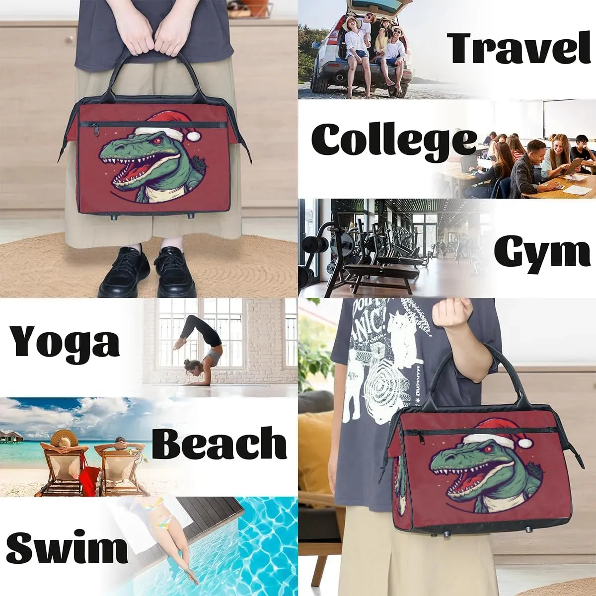 Travel Duffel Bag for Women, Christmas Dinosaur Weekender Overnight Bag Carry on Beach Swim Bags Dance Bag Airlines Approved Personal Item Travel Bag for Yoga, Sports, Hospital