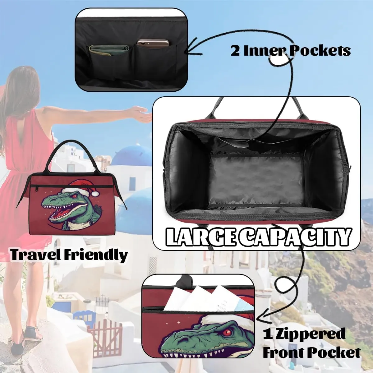 Travel Duffel Bag for Women, Christmas Dinosaur Weekender Overnight Bag Carry on Beach Swim Bags Dance Bag Airlines Approved Personal Item Travel Bag for Yoga, Sports, Hospital