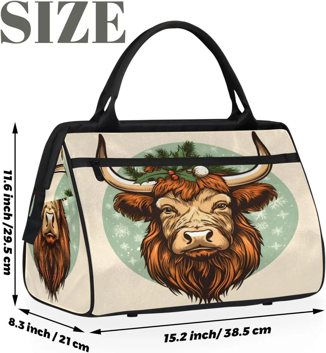 Travel Duffel Bag for Women, Christmas Highland Cow Weekender Overnight Bag Carry on Beach Swim Bags Dance Bag Airlines Approved Personal Item Travel Bag for Yoga, Sports, Hospital