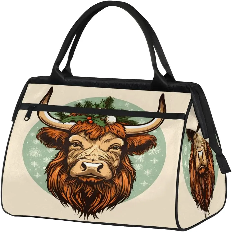 Travel Duffel Bag for Women, Christmas Highland Cow Weekender Overnight Bag Carry on Beach Swim Bags Dance Bag Airlines Approved Personal Item Travel Bag for Yoga, Sports, Hospital