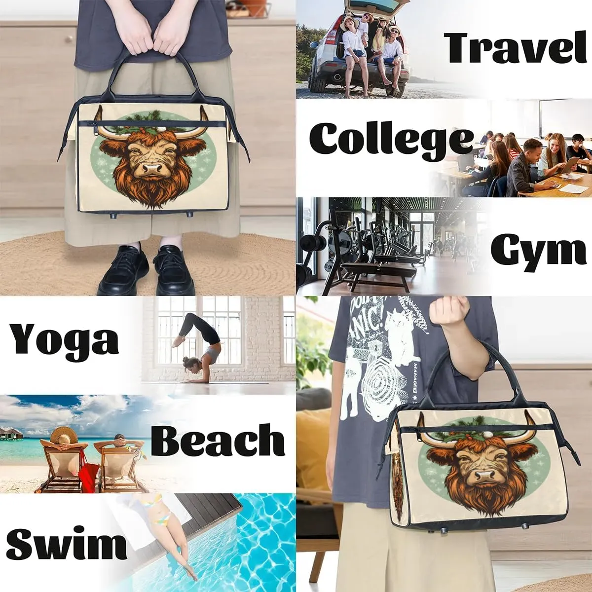 Travel Duffel Bag for Women, Christmas Highland Cow Weekender Overnight Bag Carry on Beach Swim Bags Dance Bag Airlines Approved Personal Item Travel Bag for Yoga, Sports, Hospital