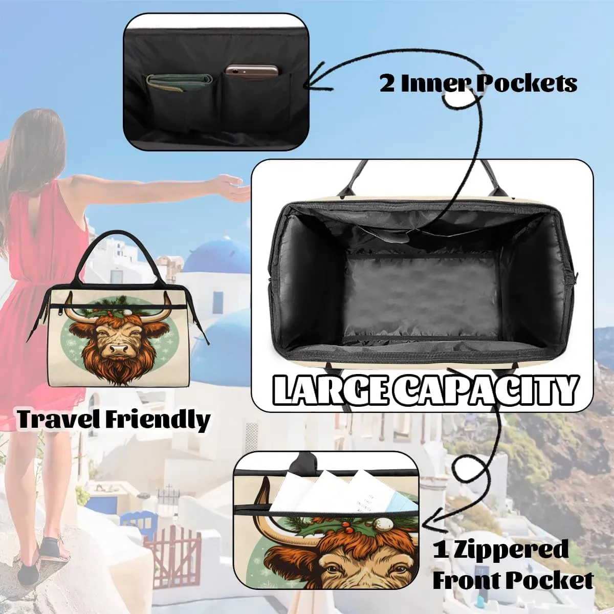 Travel Duffel Bag for Women, Christmas Highland Cow Weekender Overnight Bag Carry on Beach Swim Bags Dance Bag Airlines Approved Personal Item Travel Bag for Yoga, Sports, Hospital