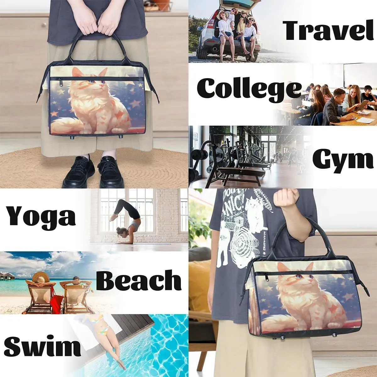Travel Duffel Bag for Women, Cute Cats Pattern Weekender Overnight Bag Carry on Beach Swim Bags Dance Bag Airlines Approved Personal Item Travel Bag for Yoga, Sports, Hospital