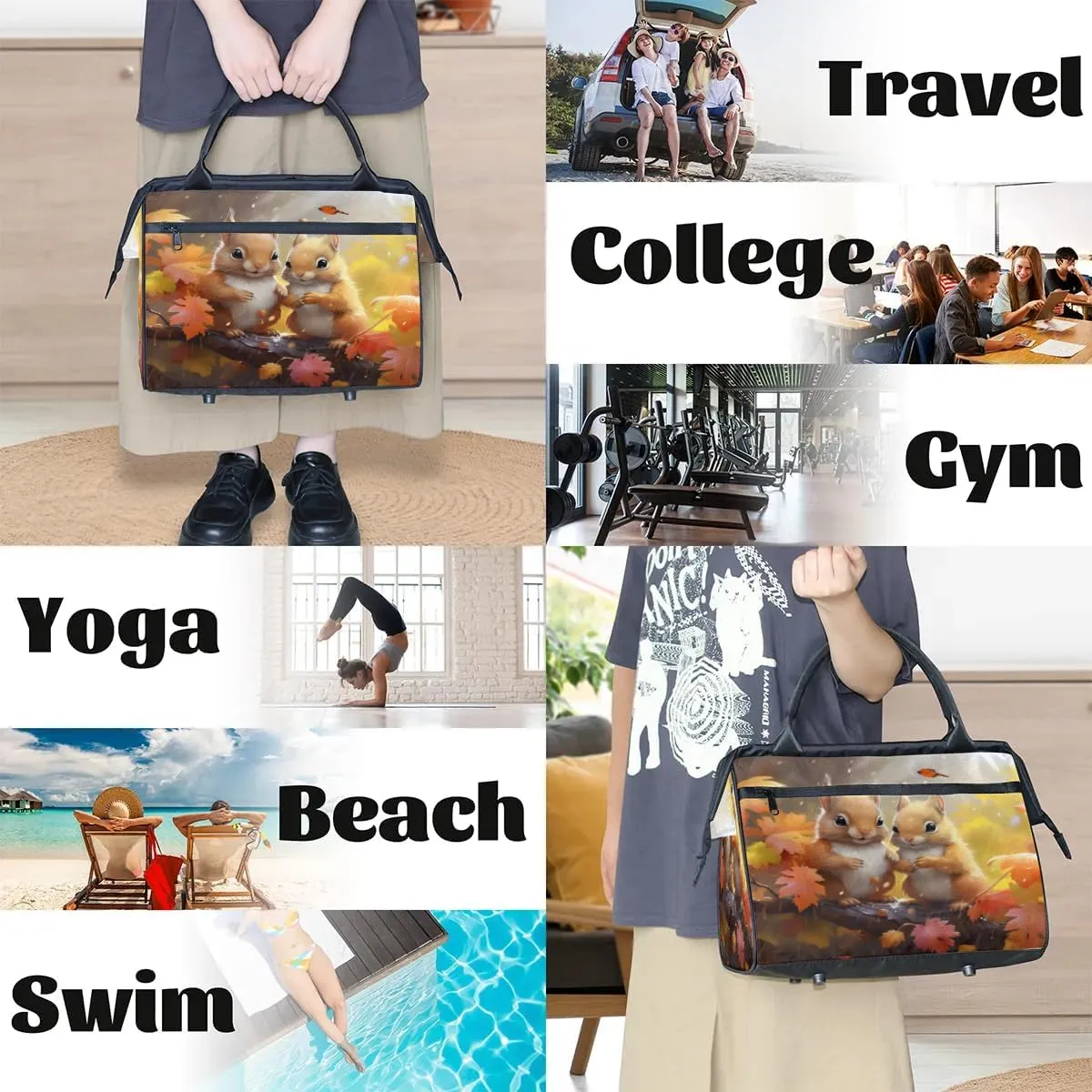 Travel Duffel Bag for Women, Cute Squirrel Weekender Overnight Bag Carry on Beach Swim Bags Dance Bag Airlines Approved Personal Item Travel Bag for Yoga, Sports, Hospital