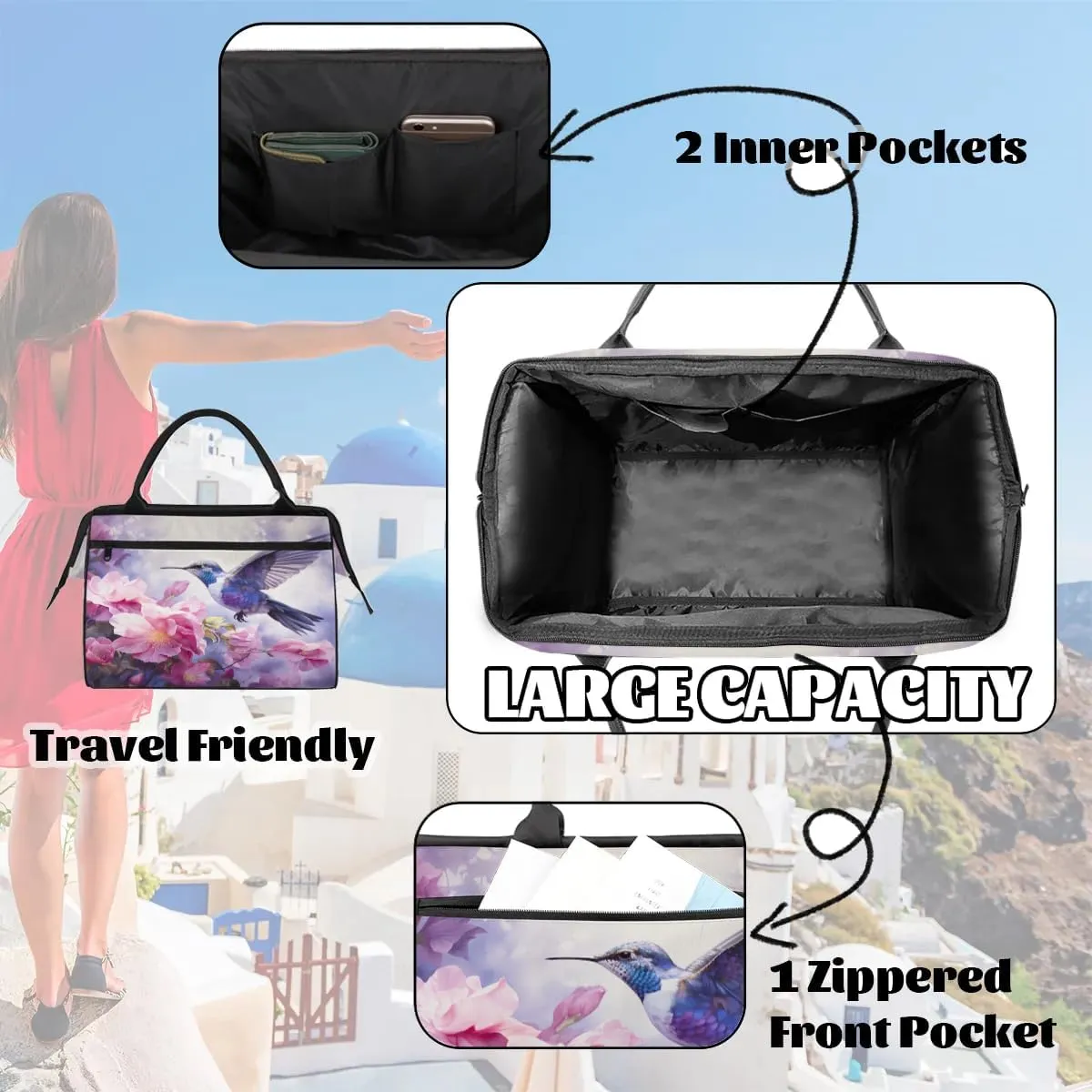 Travel Duffel Bag for Women, Floral Flower Hummingbird Weekender Overnight Bag Carry on Beach Swim Bags Dance Bag Airlines Approved Personal Item Travel Bag for Yoga, Sports, Hospital
