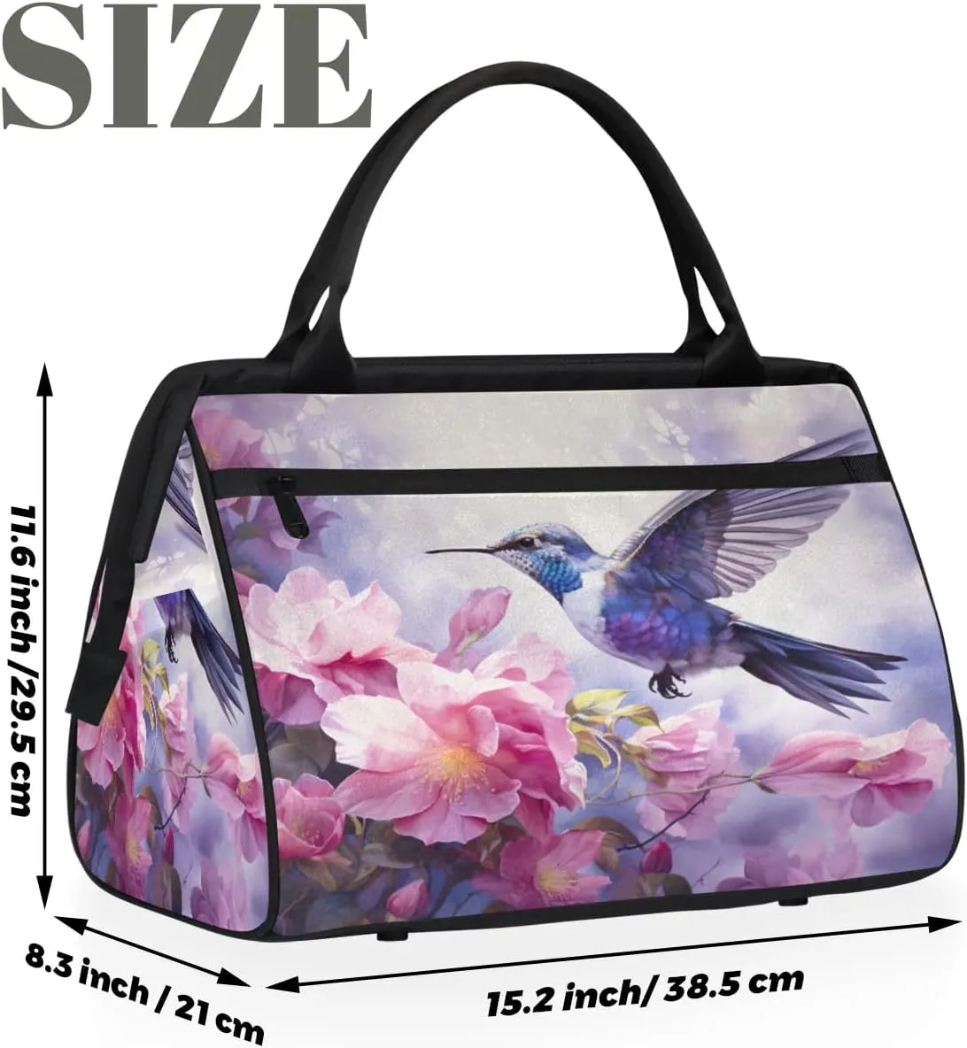 Travel Duffel Bag for Women, Floral Flower Hummingbird Weekender Overnight Bag Carry on Beach Swim Bags Dance Bag Airlines Approved Personal Item Travel Bag for Yoga, Sports, Hospital
