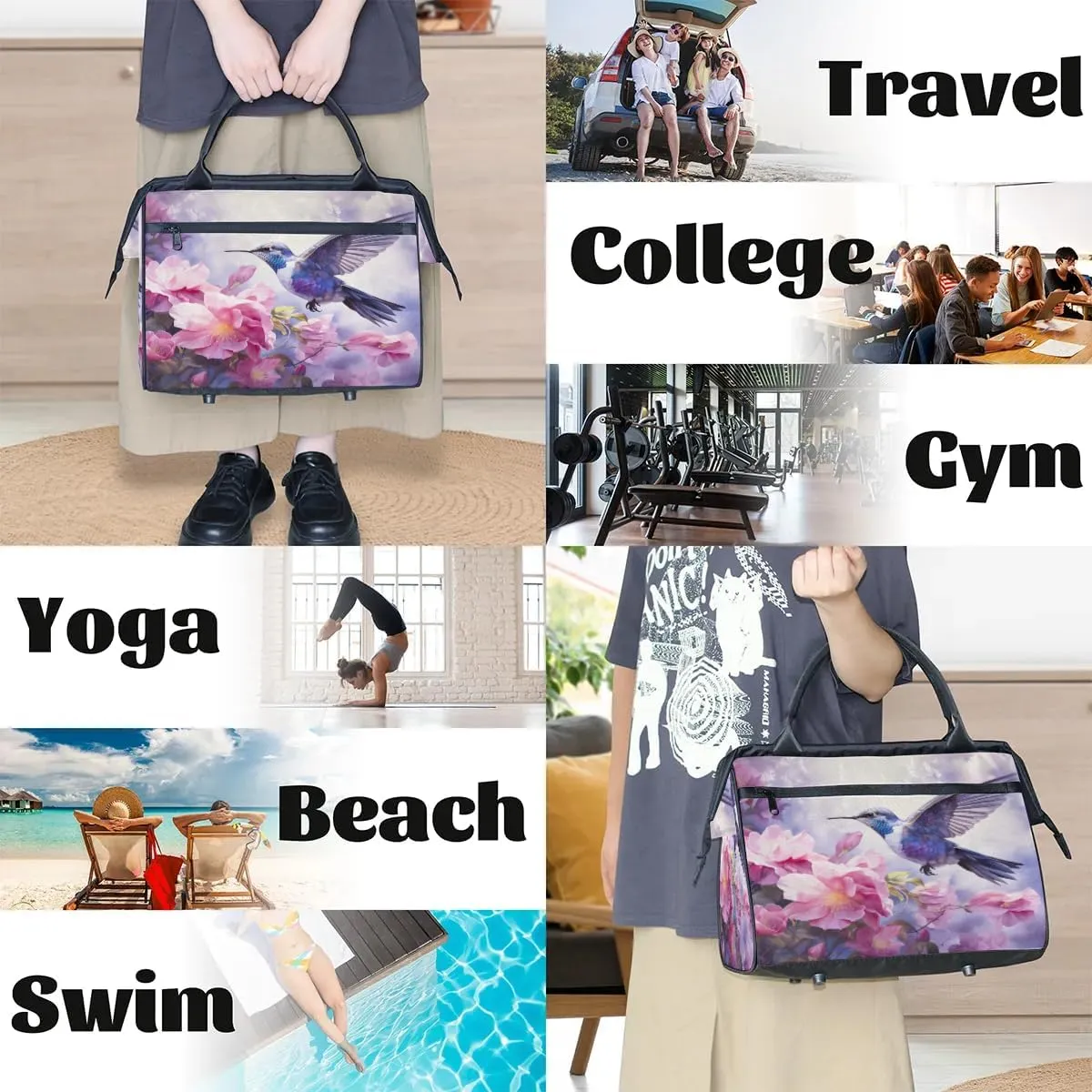 Travel Duffel Bag for Women, Floral Flower Hummingbird Weekender Overnight Bag Carry on Beach Swim Bags Dance Bag Airlines Approved Personal Item Travel Bag for Yoga, Sports, Hospital