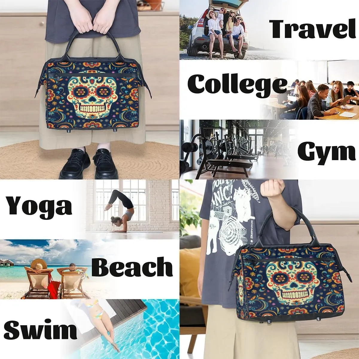 Travel Duffel Bag for Women, Floral Flower Skull Weekender Overnight Bag Carry on Beach Swim Bags Dance Bag Airlines Approved Personal Item Travel Bag for Yoga, Sports, Hospital