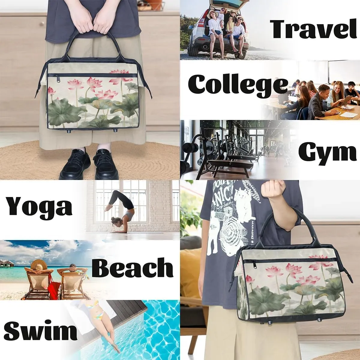 Travel Duffel Bag for Women, Lotus Weekender Overnight Bag Carry on Beach Swim Bags Dance Bag Airlines Approved Personal Item Travel Bag for Yoga, Sports, Hospital