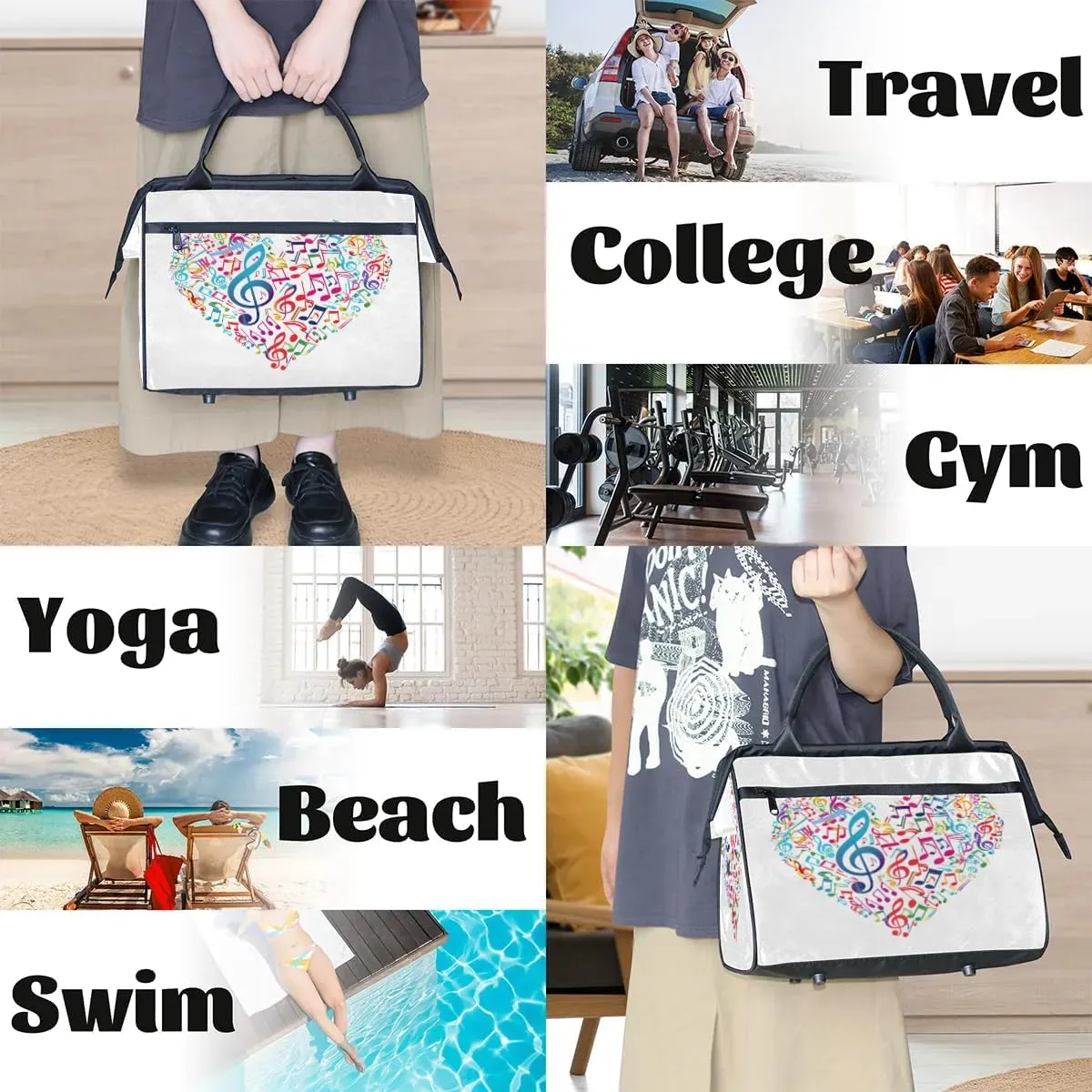 Travel Duffel Bag for Women, Music Heart Weekender Overnight Bag Carry on Beach Swim Bags Dance Bag Airlines Approved Personal Item Travel Bag for Yoga, Sports, Hospital