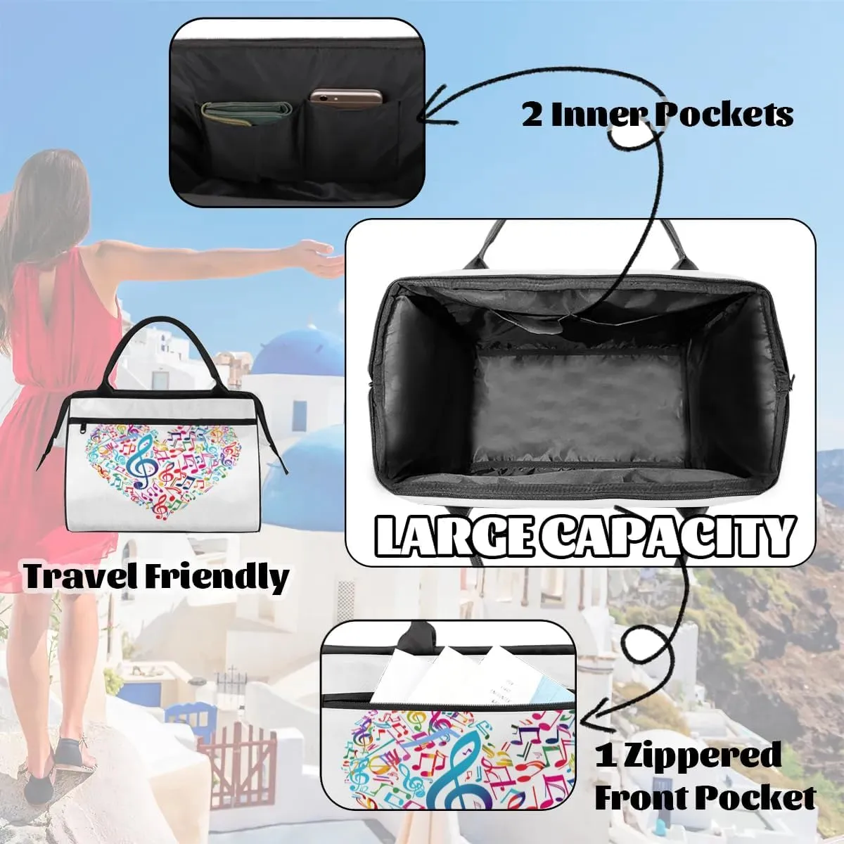 Travel Duffel Bag for Women, Music Heart Weekender Overnight Bag Carry on Beach Swim Bags Dance Bag Airlines Approved Personal Item Travel Bag for Yoga, Sports, Hospital