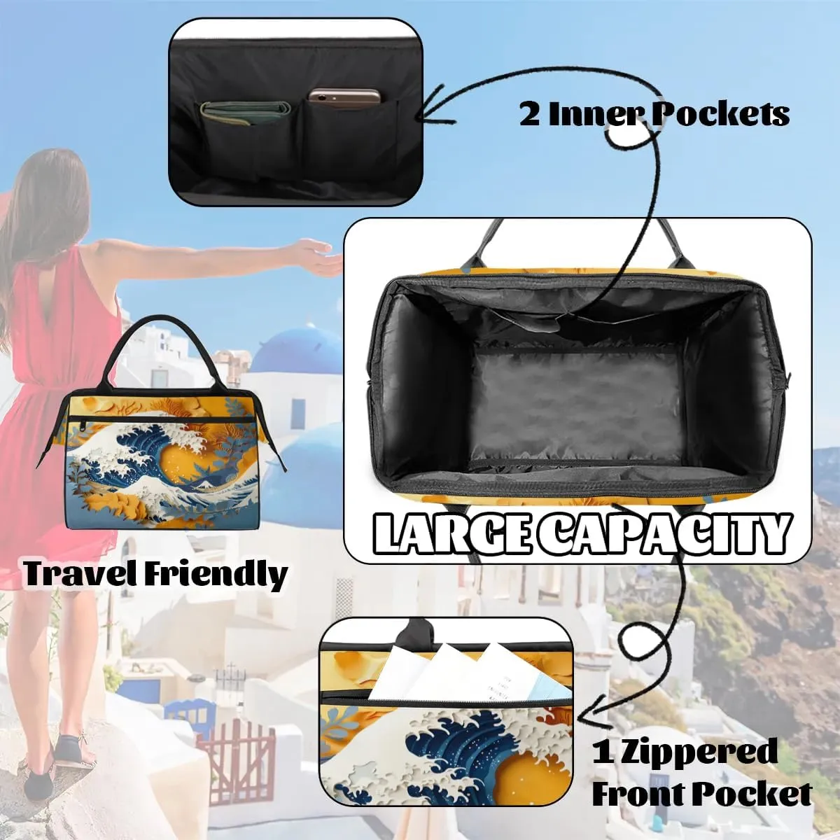 Travel Duffel Bag for Women, Paper Cutting Big Wave Weekender Overnight Bag Carry on Beach Swim Bags Dance Bag Airlines Approved Personal Item Travel Bag for Yoga, Sports, Hospital
