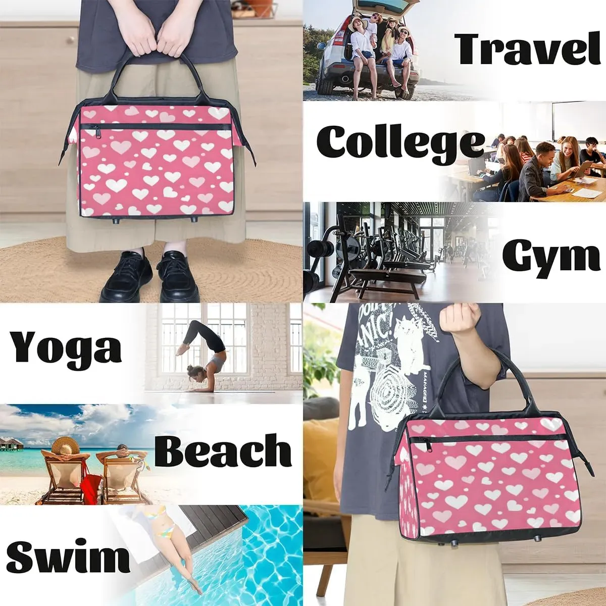 Travel Duffel Bag for Women, Pink Heart Weekender Overnight Bag Carry on Beach Swim Bags Dance Bag Airlines Approved Personal Item Travel Bag for Yoga, Sports, Hospital
