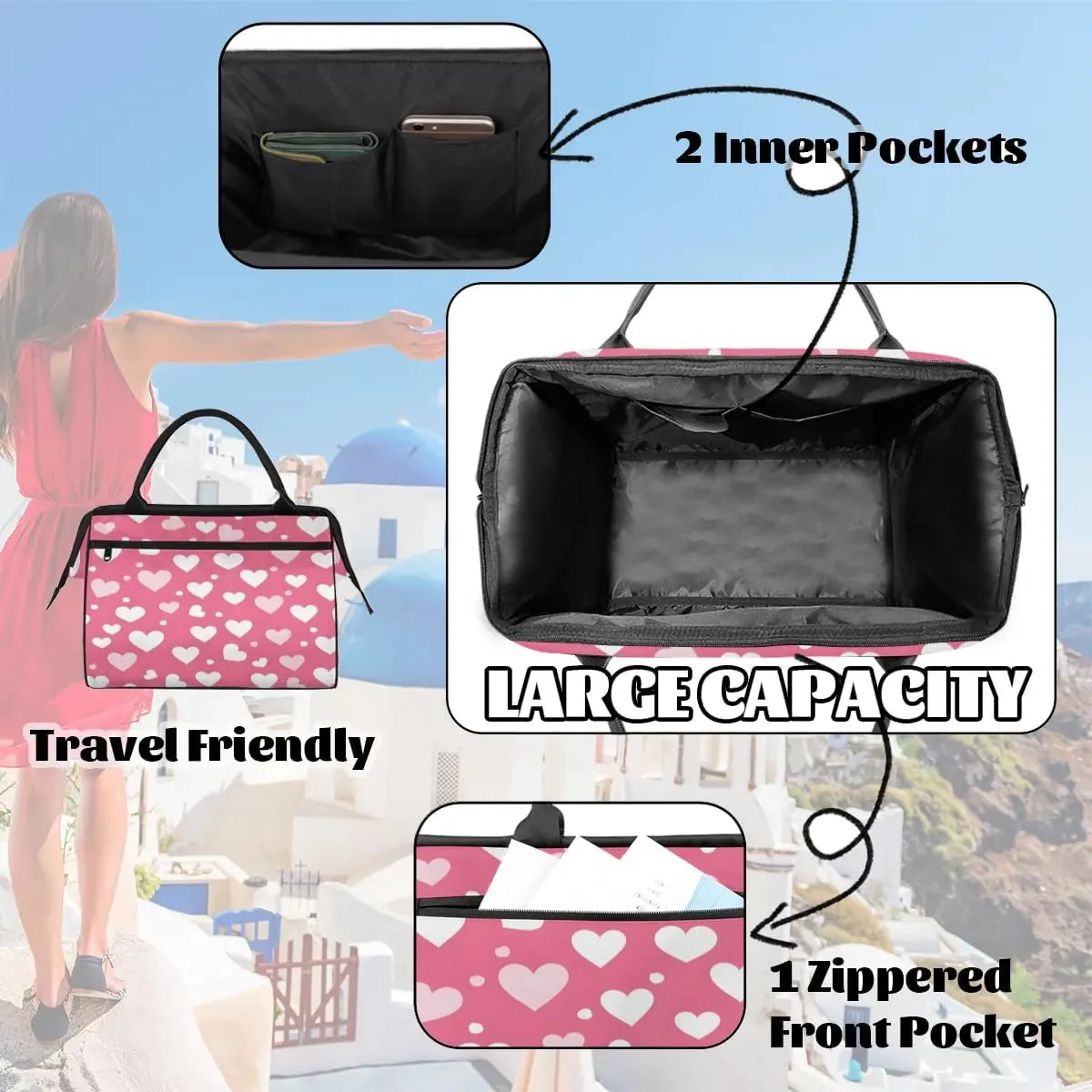 Travel Duffel Bag for Women, Pink Heart Weekender Overnight Bag Carry on Beach Swim Bags Dance Bag Airlines Approved Personal Item Travel Bag for Yoga, Sports, Hospital