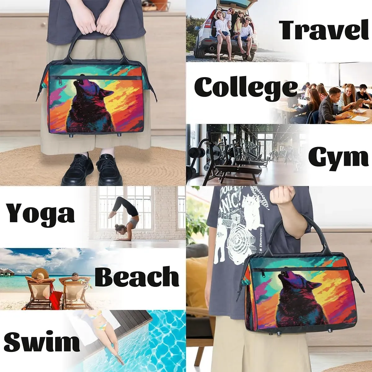Travel Duffel Bag for Women, Roar Wolf Weekender Overnight Bag Carry on Beach Swim Bags Dance Bag Airlines Approved Personal Item Travel Bag for Yoga, Sports, Hospital