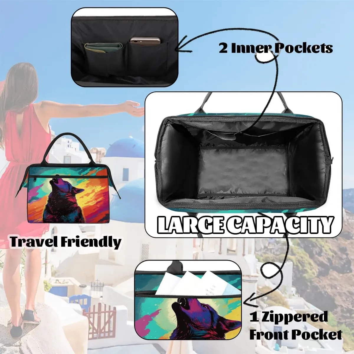 Travel Duffel Bag for Women, Roar Wolf Weekender Overnight Bag Carry on Beach Swim Bags Dance Bag Airlines Approved Personal Item Travel Bag for Yoga, Sports, Hospital