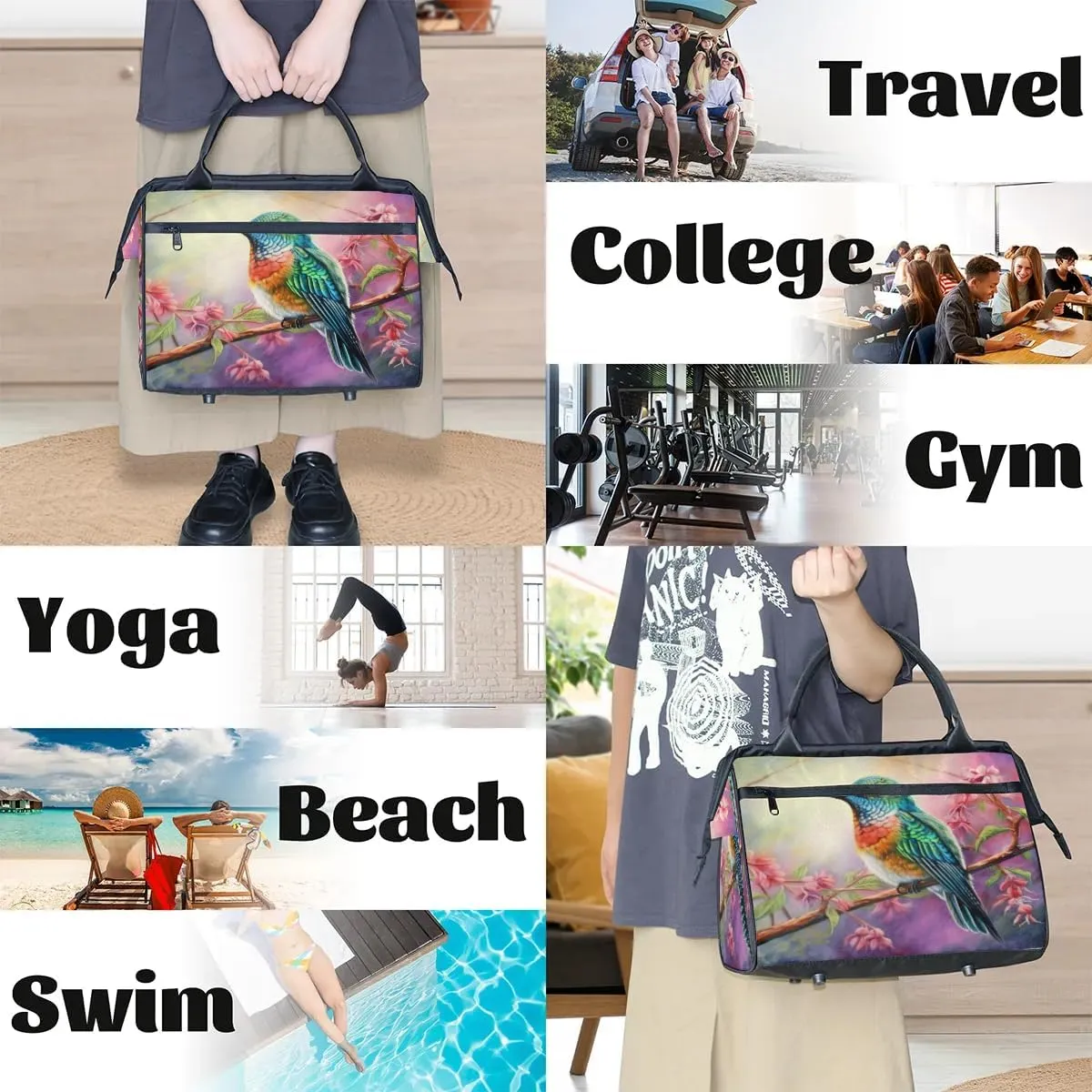 Travel Duffel Bag for Women, Watercolor Hummingbird Weekender Overnight Bag Carry on Beach Swim Bags Dance Bag Airlines Approved Personal Item Travel Bag for Yoga, Sports, Hospital