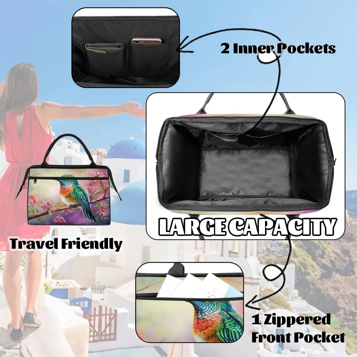 Travel Duffel Bag for Women, Watercolor Hummingbird Weekender Overnight Bag Carry on Beach Swim Bags Dance Bag Airlines Approved Personal Item Travel Bag for Yoga, Sports, Hospital
