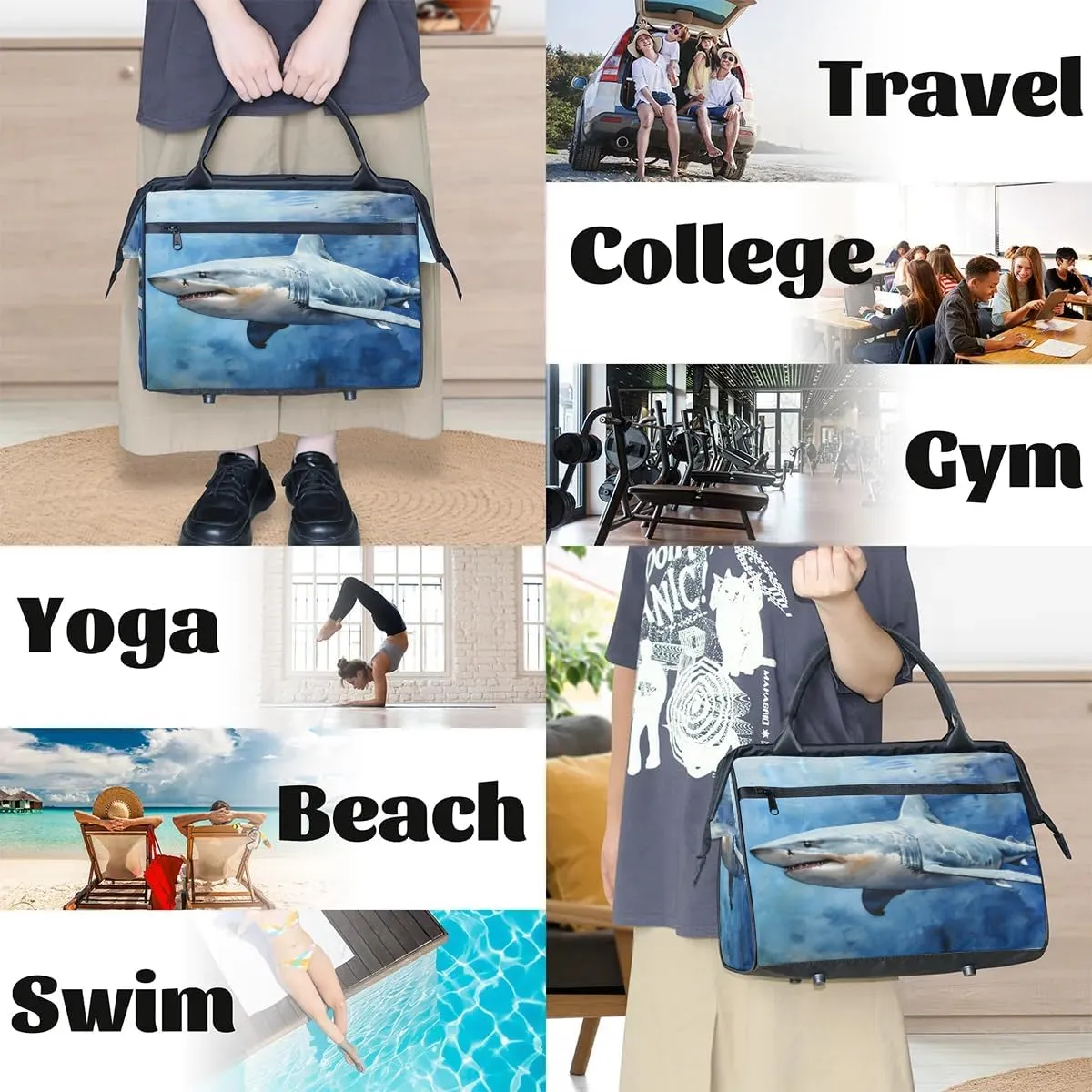 Travel Duffel Bag for Women, Watercolor Shark Weekender Overnight Bag Carry on Beach Swim Bags Dance Bag Airlines Approved Personal Item Travel Bag for Yoga, Sports, Hospital