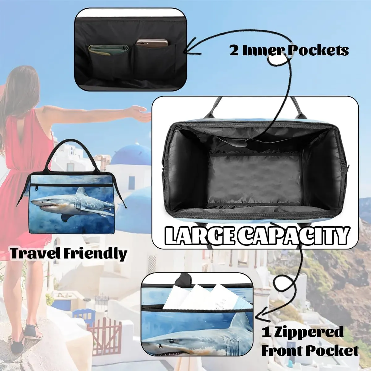 Travel Duffel Bag for Women, Watercolor Shark Weekender Overnight Bag Carry on Beach Swim Bags Dance Bag Airlines Approved Personal Item Travel Bag for Yoga, Sports, Hospital