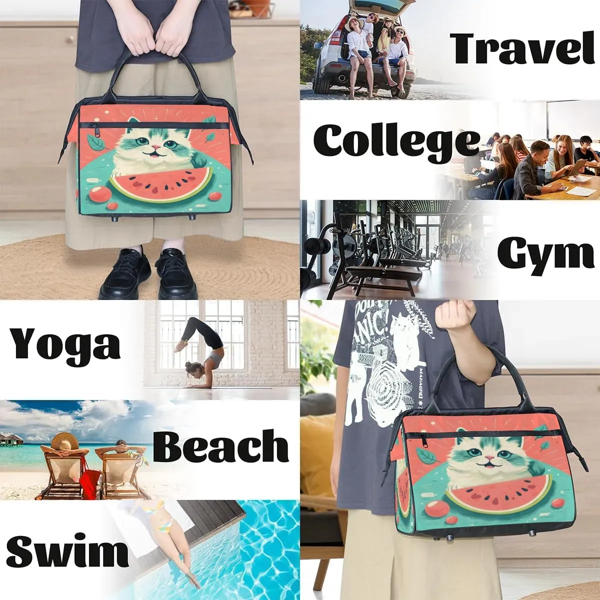Travel Duffel Bag for Women, Watermelon Cat Weekender Overnight Bag Carry on Beach Swim Bags Dance Bag Airlines Approved Personal Item Travel Bag for Yoga, Sports, Hospital