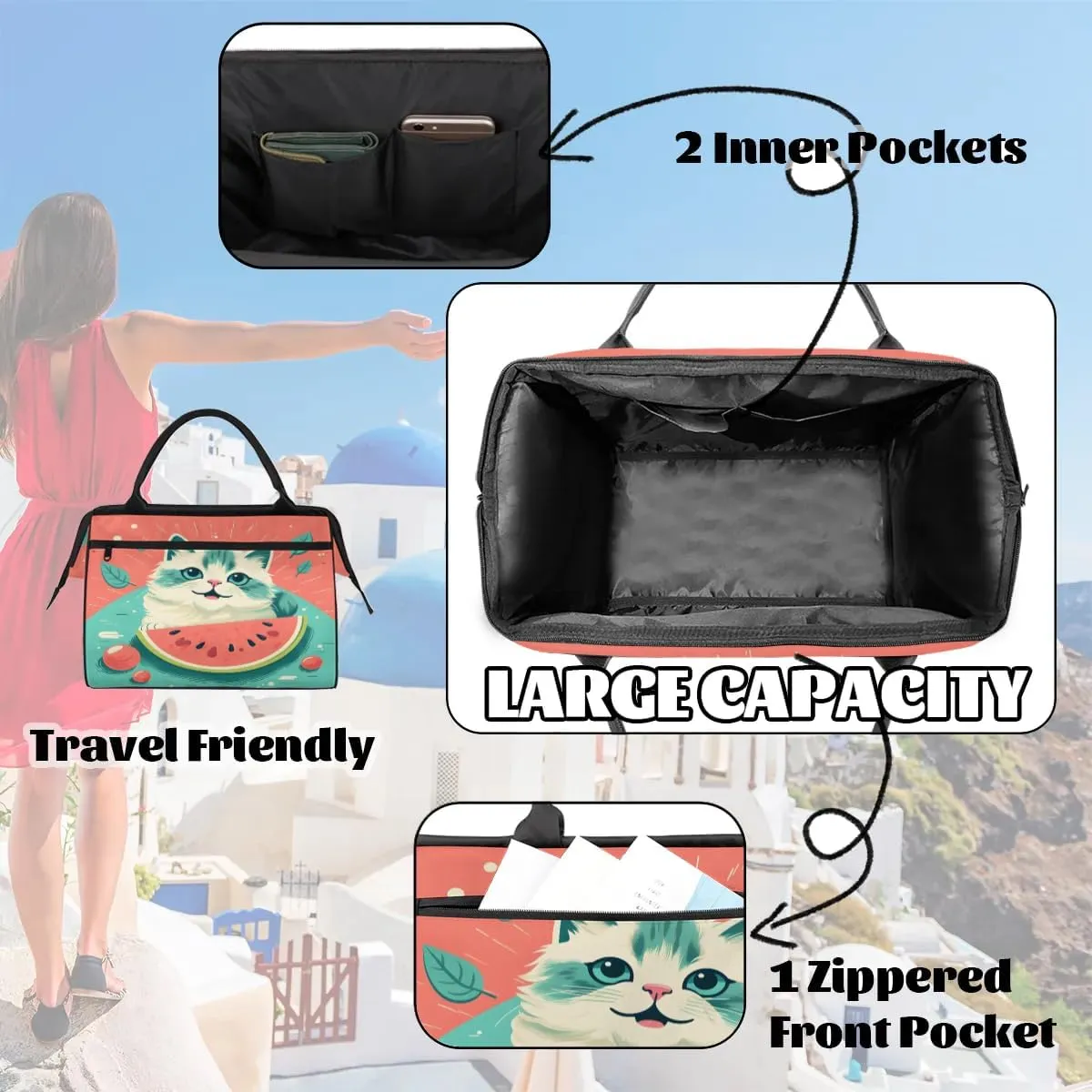 Travel Duffel Bag for Women, Watermelon Cat Weekender Overnight Bag Carry on Beach Swim Bags Dance Bag Airlines Approved Personal Item Travel Bag for Yoga, Sports, Hospital