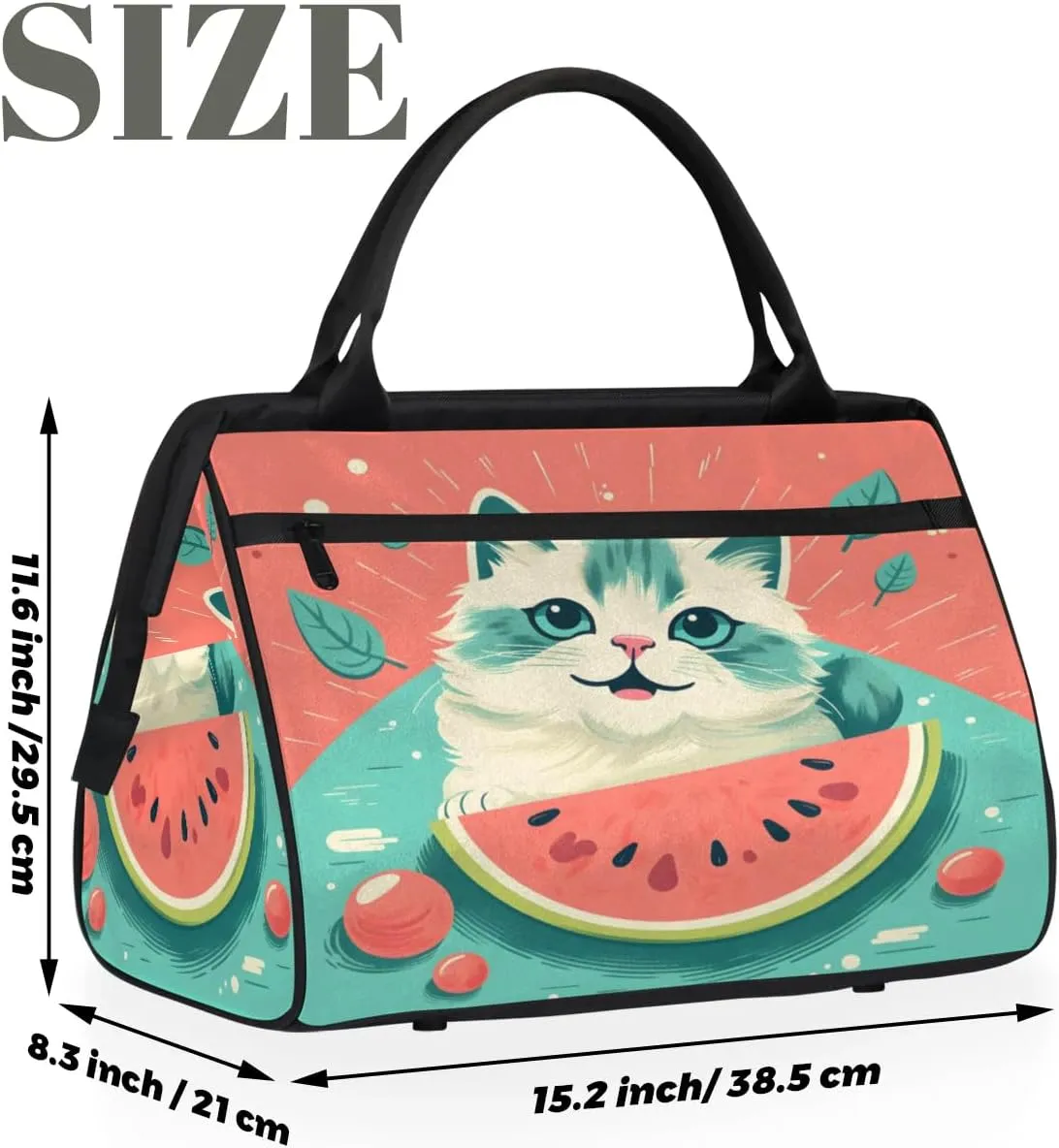 Travel Duffel Bag for Women, Watermelon Cat Weekender Overnight Bag Carry on Beach Swim Bags Dance Bag Airlines Approved Personal Item Travel Bag for Yoga, Sports, Hospital