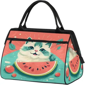 Travel Duffel Bag for Women, Watermelon Cat Weekender Overnight Bag Carry on Beach Swim Bags Dance Bag Airlines Approved Personal Item Travel Bag for Yoga, Sports, Hospital