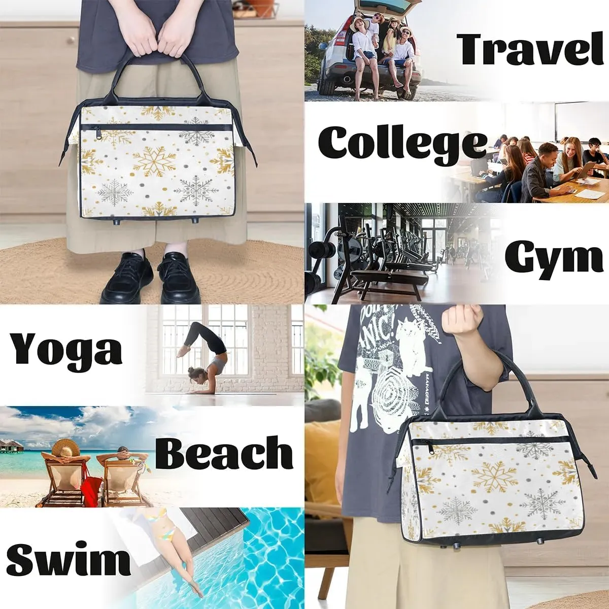 Travel Duffel Bag for Women, Winter Snowflake Weekender Overnight Bag Carry on Beach Swim Bags Dance Bag Airlines Approved Personal Item Travel Bag for Yoga, Sports, Hospital