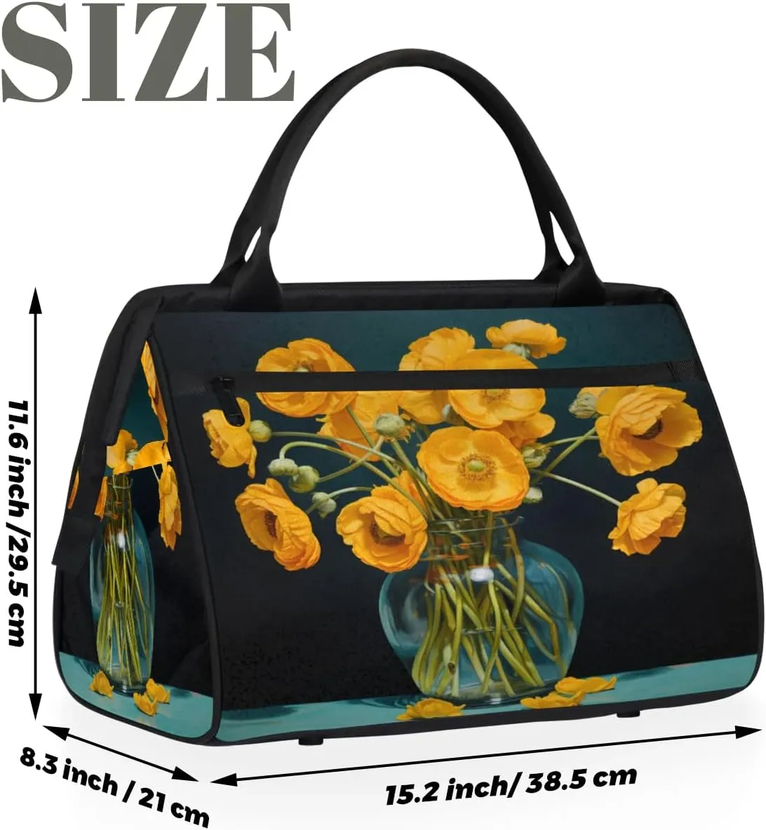Travel Duffel Bag for Women, Yellow Poppy Flower Weekender Overnight Bag Carry on Beach Swim Bags Dance Bag Airlines Approved Personal Item Travel Bag for Yoga, Sports, Hospital