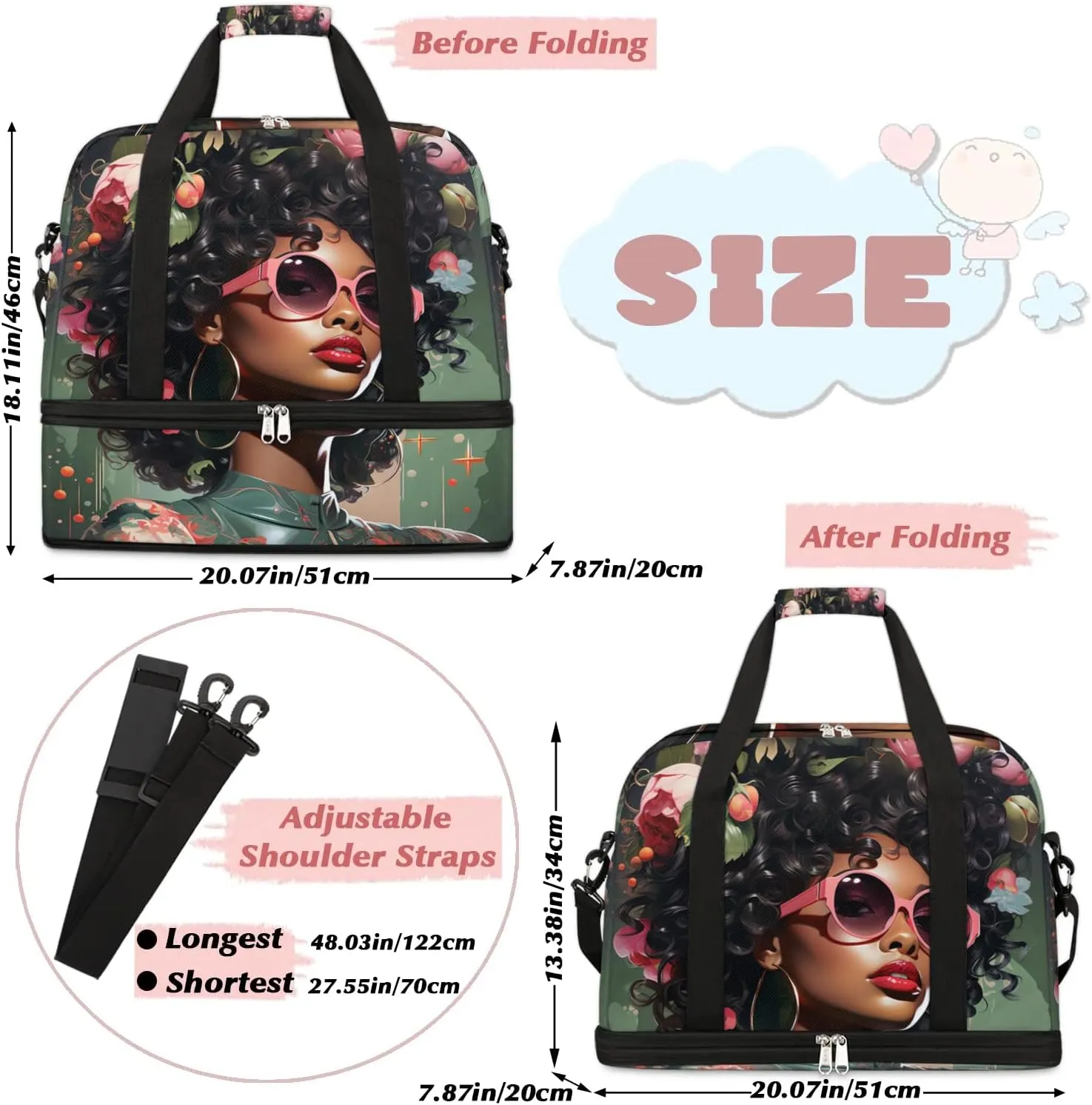 Travel Duffle Bags With Shoes Compartment for Women Men African Women Lightweigh Sports Tote Gym Bag Fashion Women Foldable Canvas Weekender Overnight Carry On Luggage Handle Bag
