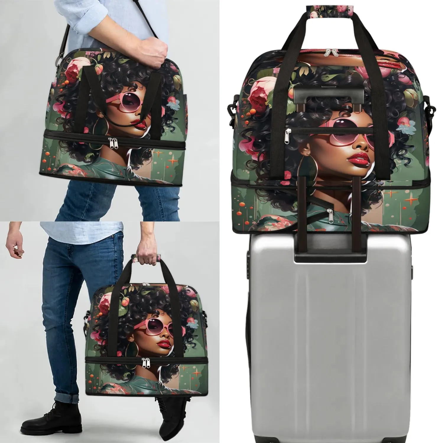 Travel Duffle Bags With Shoes Compartment for Women Men African Women Lightweigh Sports Tote Gym Bag Fashion Women Foldable Canvas Weekender Overnight Carry On Luggage Handle Bag
