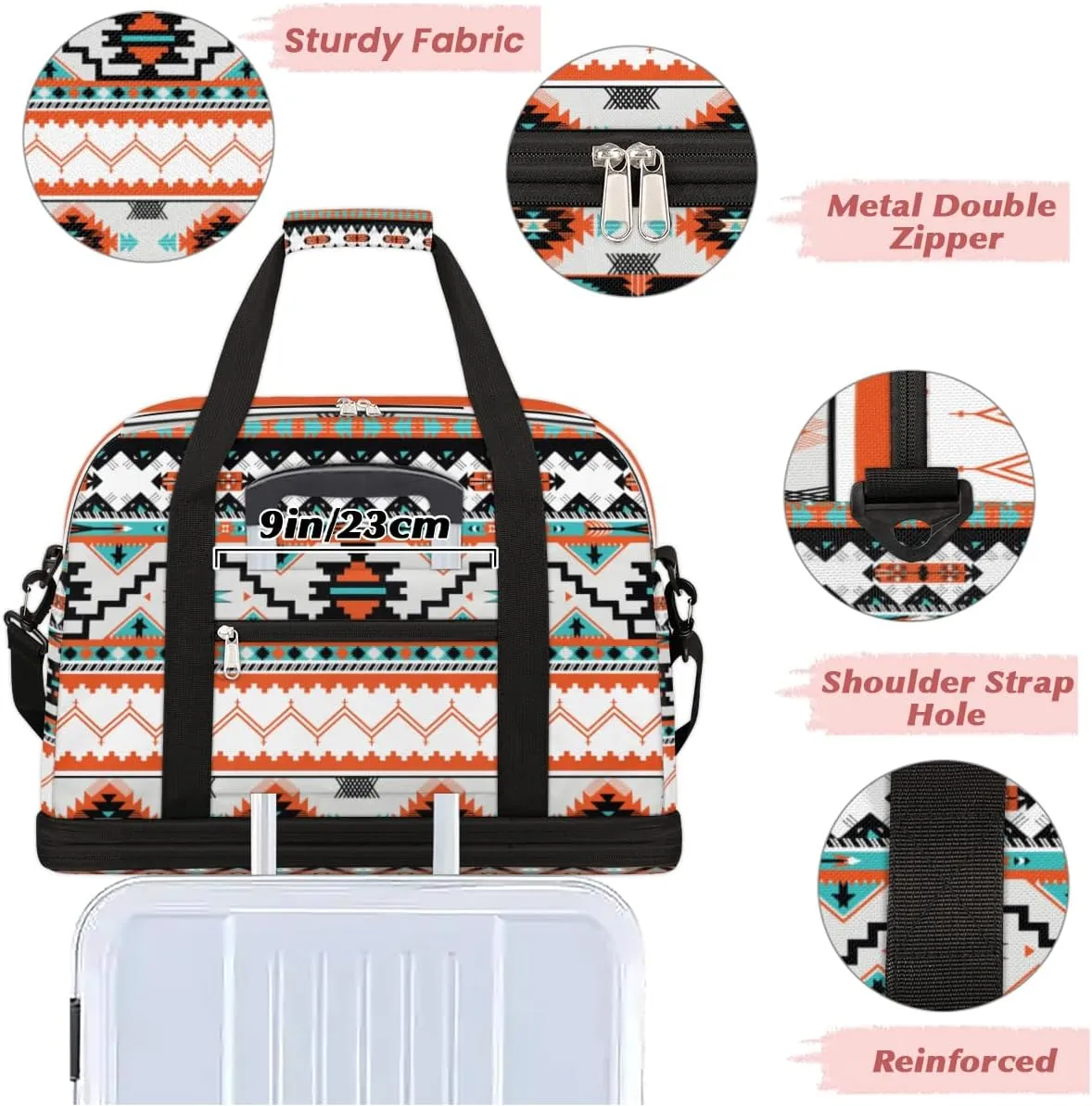 Travel Duffle Bags With Shoes Compartment for Women Men Aztec Western Ethnic Geometric Lightweigh Sports Tote Gym Bag Foldable Canvas Weekender Overnight Carry On Luggage Handle Bag