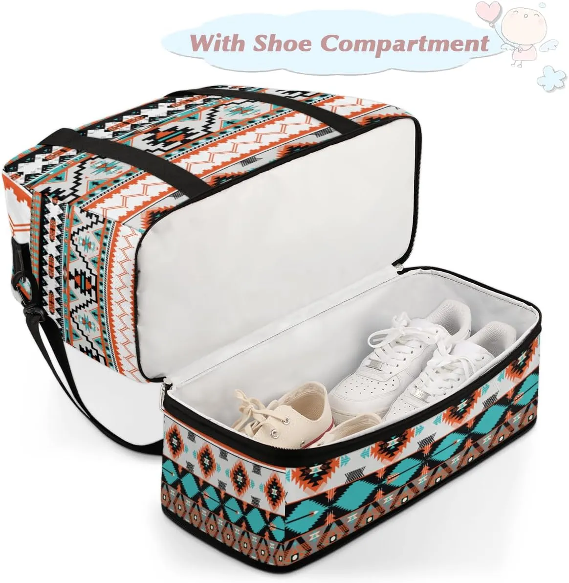 Travel Duffle Bags With Shoes Compartment for Women Men Aztec Western Ethnic Geometric Lightweigh Sports Tote Gym Bag Foldable Canvas Weekender Overnight Carry On Luggage Handle Bag