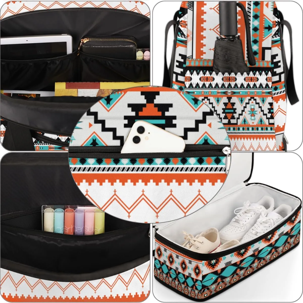 Travel Duffle Bags With Shoes Compartment for Women Men Aztec Western Ethnic Geometric Lightweigh Sports Tote Gym Bag Foldable Canvas Weekender Overnight Carry On Luggage Handle Bag