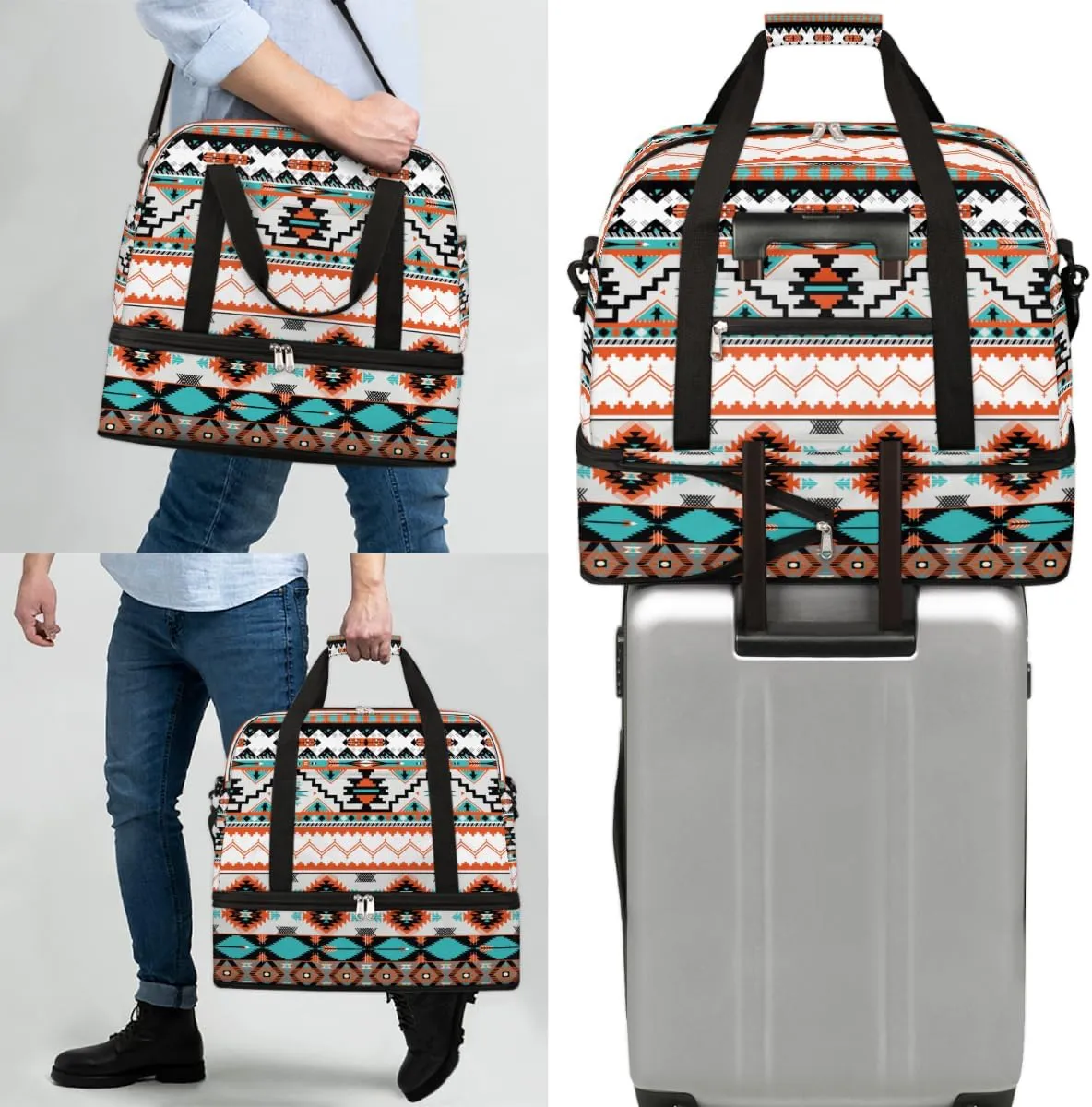 Travel Duffle Bags With Shoes Compartment for Women Men Aztec Western Ethnic Geometric Lightweigh Sports Tote Gym Bag Foldable Canvas Weekender Overnight Carry On Luggage Handle Bag