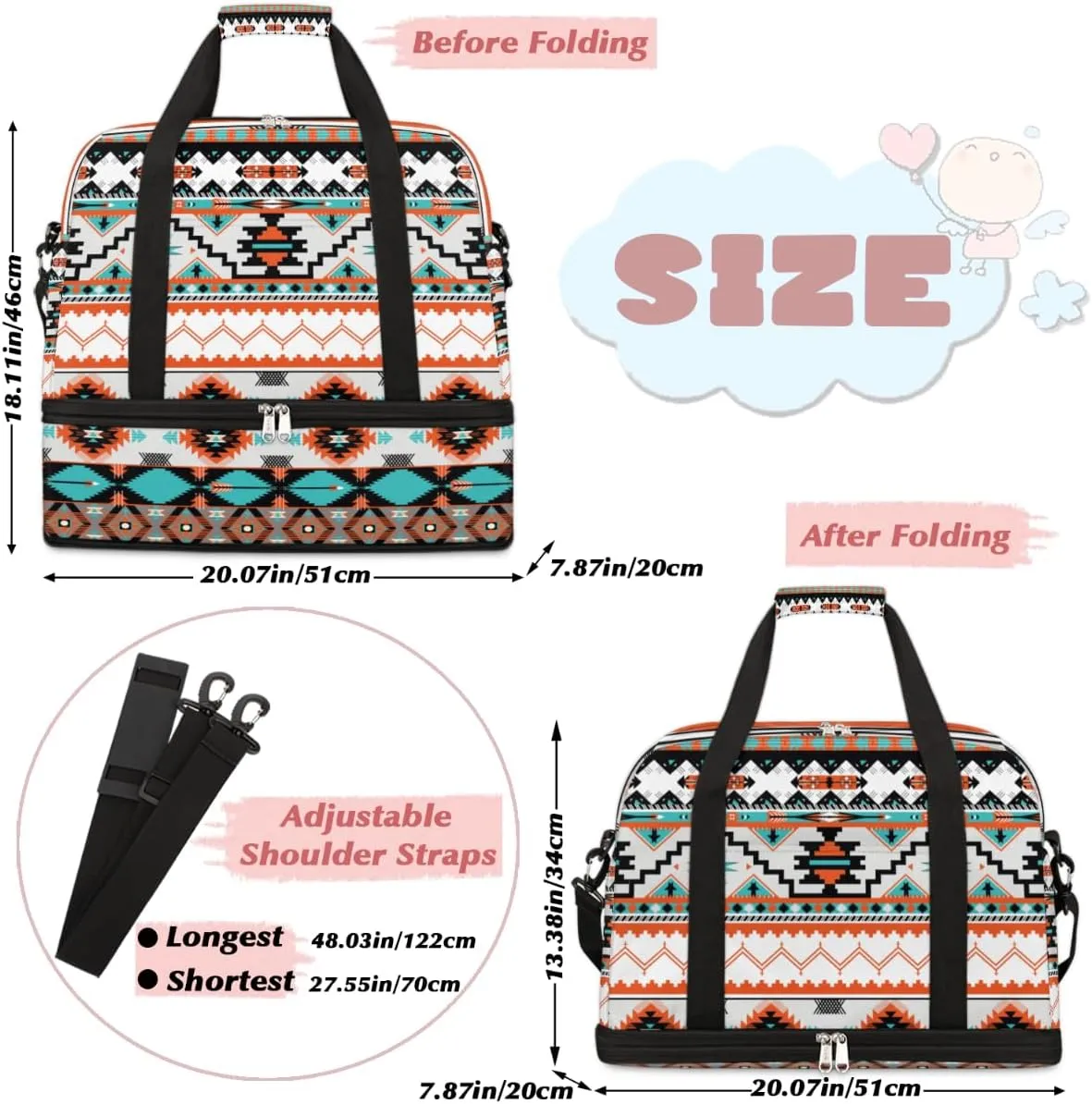 Travel Duffle Bags With Shoes Compartment for Women Men Aztec Western Ethnic Geometric Lightweigh Sports Tote Gym Bag Foldable Canvas Weekender Overnight Carry On Luggage Handle Bag