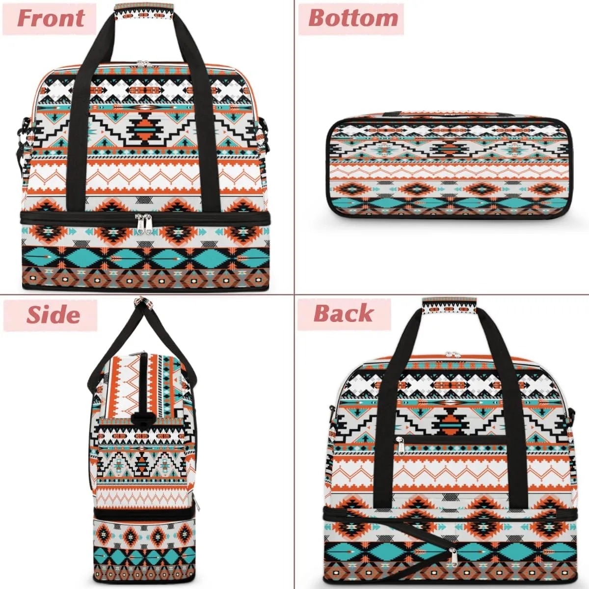 Travel Duffle Bags With Shoes Compartment for Women Men Aztec Western Ethnic Geometric Lightweigh Sports Tote Gym Bag Foldable Canvas Weekender Overnight Carry On Luggage Handle Bag