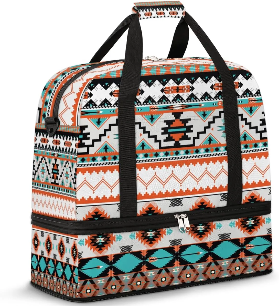 Travel Duffle Bags With Shoes Compartment for Women Men Aztec Western Ethnic Geometric Lightweigh Sports Tote Gym Bag Foldable Canvas Weekender Overnight Carry On Luggage Handle Bag