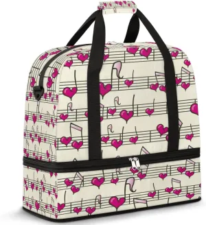 Travel Duffle Bags With Shoes Compartment for Women Men Heart Music Note Stave Lightweigh Sports Tote Gym Bag Foldable Canvas Weekender Overnight Carry On Luggage Handle Bag