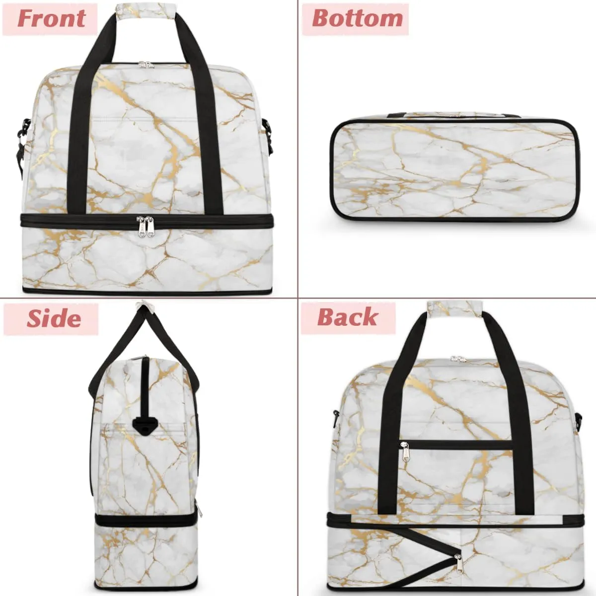 Travel Duffle Bags With Shoes Compartment for Women Men White Gold Marble Lightweigh Sports Tote Gym Bag Marble Foldable Canvas Weekender Overnight Carry On Luggage Handle Bag
