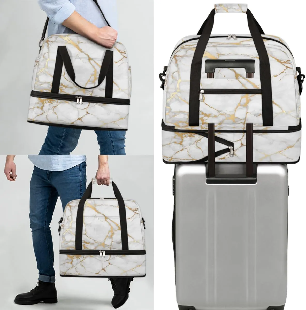 Travel Duffle Bags With Shoes Compartment for Women Men White Gold Marble Lightweigh Sports Tote Gym Bag Marble Foldable Canvas Weekender Overnight Carry On Luggage Handle Bag