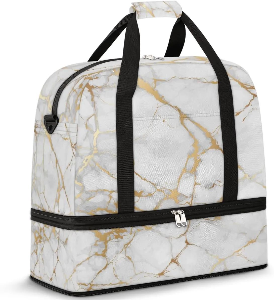 Travel Duffle Bags With Shoes Compartment for Women Men White Gold Marble Lightweigh Sports Tote Gym Bag Marble Foldable Canvas Weekender Overnight Carry On Luggage Handle Bag