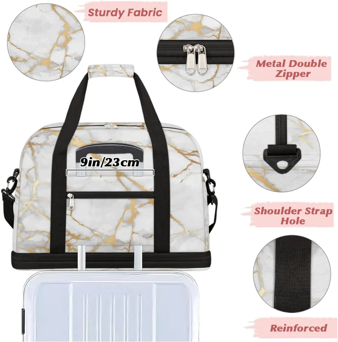 Travel Duffle Bags With Shoes Compartment for Women Men White Gold Marble Lightweigh Sports Tote Gym Bag Marble Foldable Canvas Weekender Overnight Carry On Luggage Handle Bag