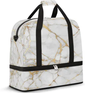 Travel Duffle Bags With Shoes Compartment for Women Men White Gold Marble Lightweigh Sports Tote Gym Bag Marble Foldable Canvas Weekender Overnight Carry On Luggage Handle Bag