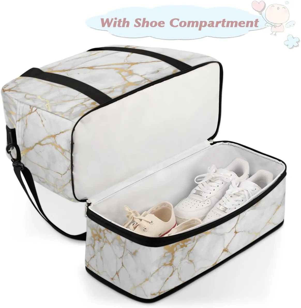 Travel Duffle Bags With Shoes Compartment for Women Men White Gold Marble Lightweigh Sports Tote Gym Bag Marble Foldable Canvas Weekender Overnight Carry On Luggage Handle Bag