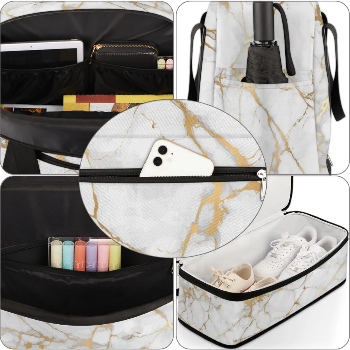 Travel Duffle Bags With Shoes Compartment for Women Men White Gold Marble Lightweigh Sports Tote Gym Bag Marble Foldable Canvas Weekender Overnight Carry On Luggage Handle Bag