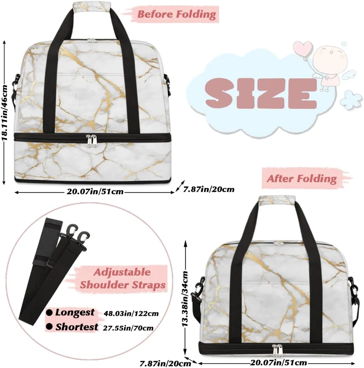 Travel Duffle Bags With Shoes Compartment for Women Men White Gold Marble Lightweigh Sports Tote Gym Bag Marble Foldable Canvas Weekender Overnight Carry On Luggage Handle Bag