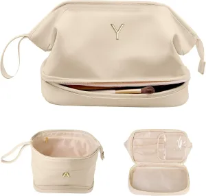 Travel Essentials for Friends Female Mom, Personalized Makeup Bag, Double Layer Cosmetic Bag with Makeup Brush Organizer, Waterproof, Large Capacity PU Leather Toiletry Bag Customized Gifts